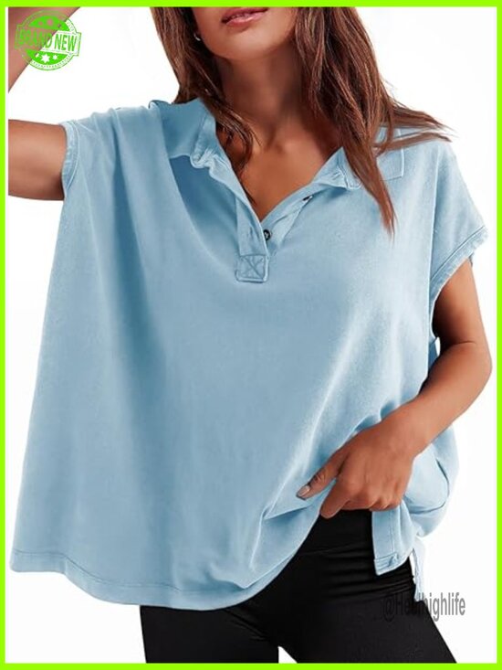 Tops - Womens Oversized Cap Sleeve Polo Shirts Collared V Neck Cotton Top Loose Fit